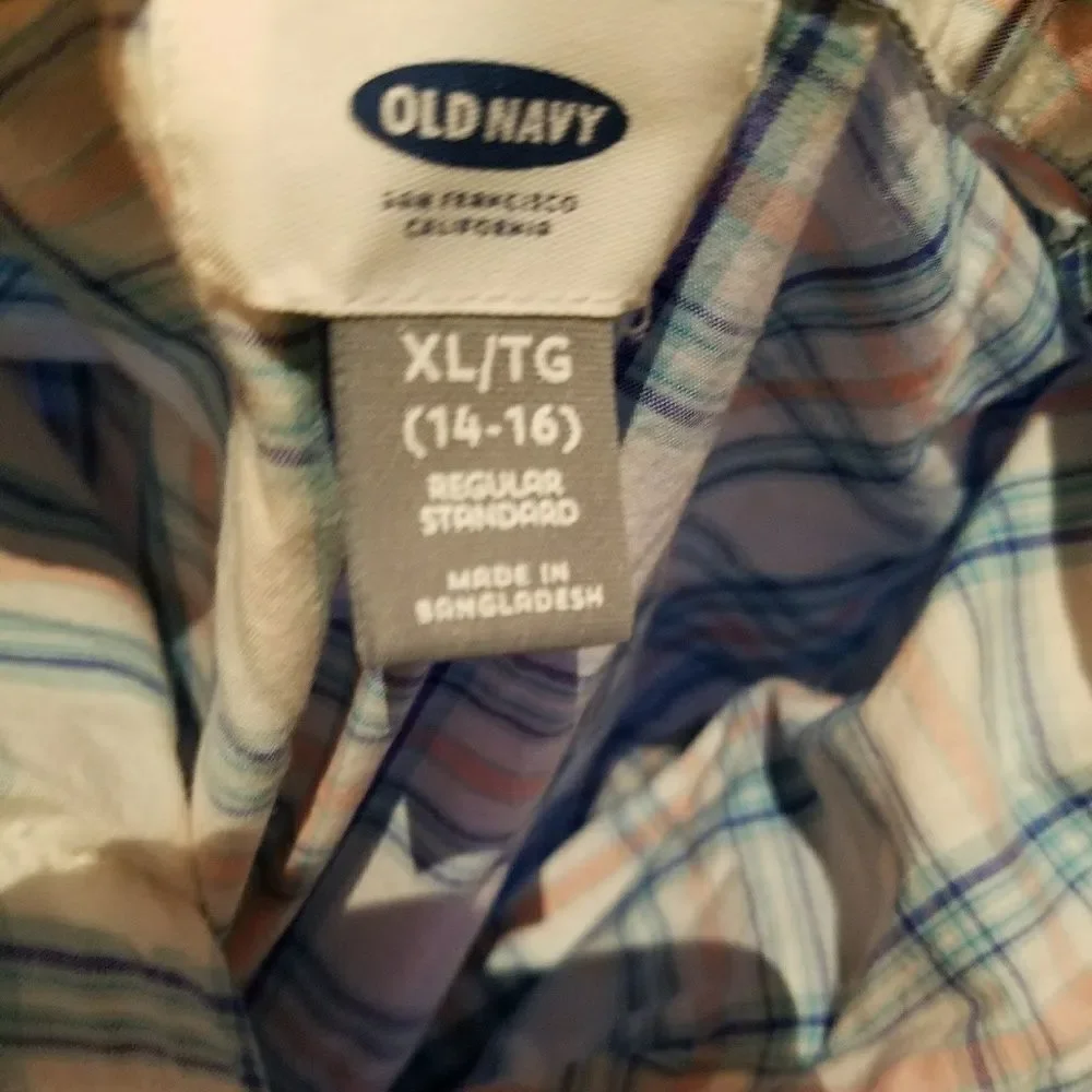 Old Navy Boys XL Plaid Shirt – Blue and White – Button Down Size 14-16